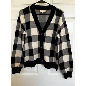 Marbled Women Black and White Checkerboard Sweater Soft College Preppy Cardigan